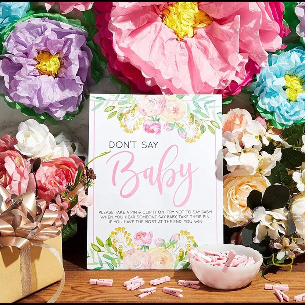 NEW DON’T SAY BABY Pink Gender Shower Party Group Game Girl Floral Flower 61 PCS